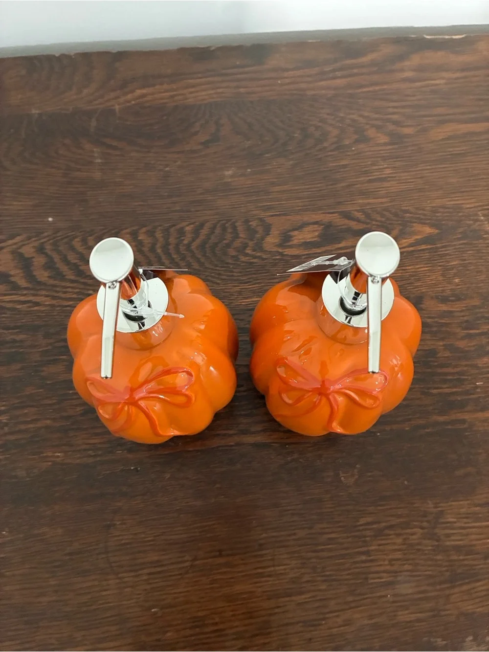 NWT- Set of 2- Orange Ceramic Pumpkin Soap Dispensers w/ Ribbons 18oz